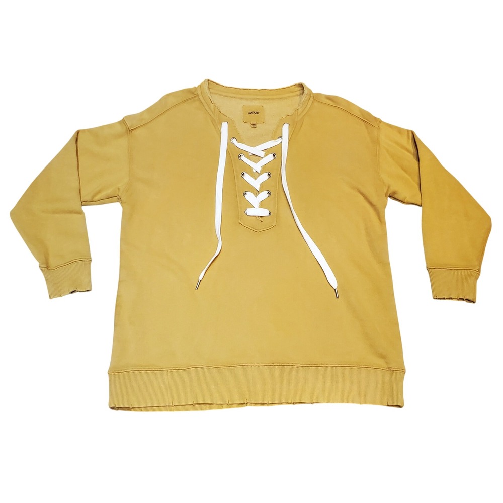 Aerie Lace-Up Oversized Crew Sweatshirt Mustard‎ Yellow XS Distressed Hem